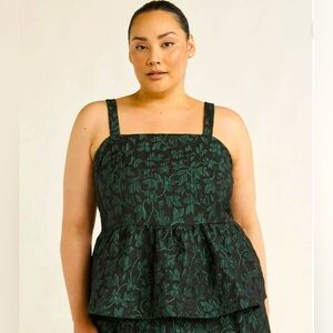 Women 4x scoop peplum jacquard black and green top nwt